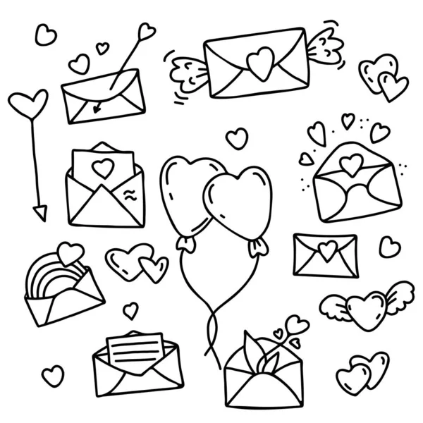 ラブレター 風船や心 キューピッド矢印 花や虹の文字と線形の手描きのセット ベクトルイラスト バレンタイン デザインと装飾のための独立した要素 — ストックベクタ