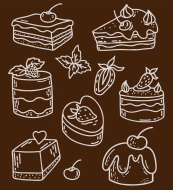 Şekerleme seti. Tatlı, çilekli ve meyveli kek parçaları. Vektör çizimi. Koyu arkaplanda beyaz tebeşirle karalama tarzında izole edilmiş doğrusal el çizimleri