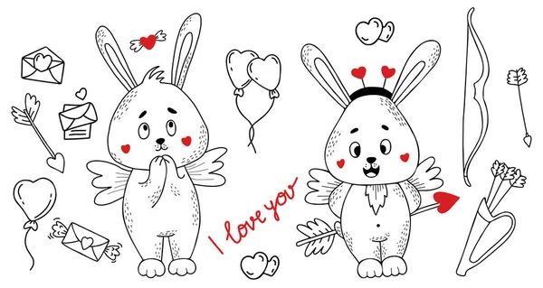 Set Pair Cute Cupid Bunnies Wings Hearts Love Letters Balloon — Stock Vector