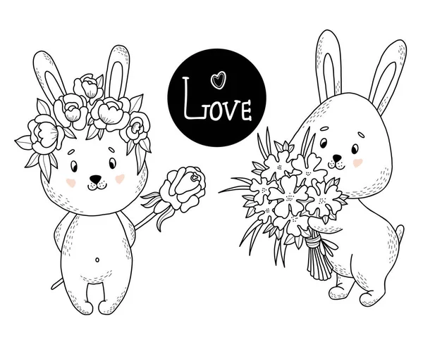 恋人のカップルかわいいウサギ 花冠を持つ女の子はバラと花の花束を持つ男の子を共有します 手描き線形ドアのスタイルでベクトルイラスト デザインと装飾のための面白い動物 — ストックベクタ