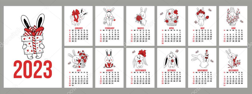 Calendar template for 2023 with cute rabbits with gifts. Vertical set of 12 pages and cover in English. Vector illustration. week on Sunday. 2023 year of rabbit according Chinese or Eastern calendar