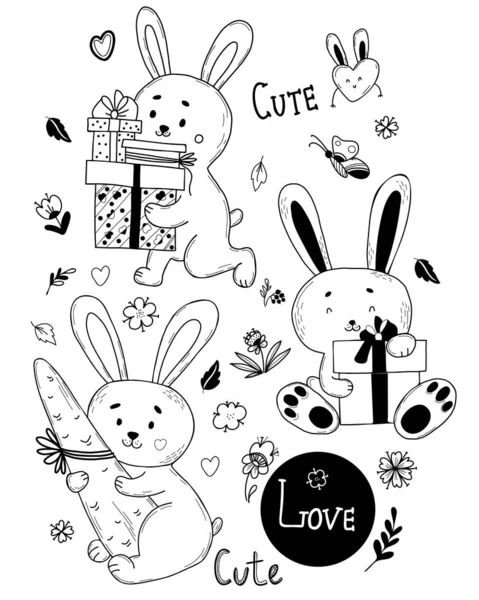 Set Cute Holiday Bunnies Gifts Box Bow Carrot Vector Illustration — 图库矢量图片