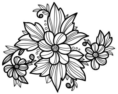 Çiçek deseni. Dekoratif çiçek aranjmanı, bir buket çiçek, dallar ve yapraklar. Vektör çizimi. Siyah çizgi, özet. baskı, dekor, tasarım ve kartpostallar için.