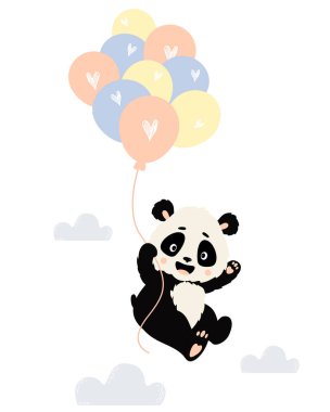 Şirin panda karakteri bulutlu balonlarla uçuyor. Vektör çizimi. Çocuk odası ve posterler, çocuk odası koleksiyonu, tasarım, dekor ve baskı için İskandinav tarzında şirin bir hayvan.