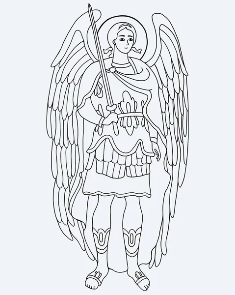 天使のマイケルが剣で鎧を着た。ベクトルイラスト。概要手描き。カトリックと正教会のコミュニティと聖ミカエル大天使の休日のための宗教的な概念. — ストックベクタ
