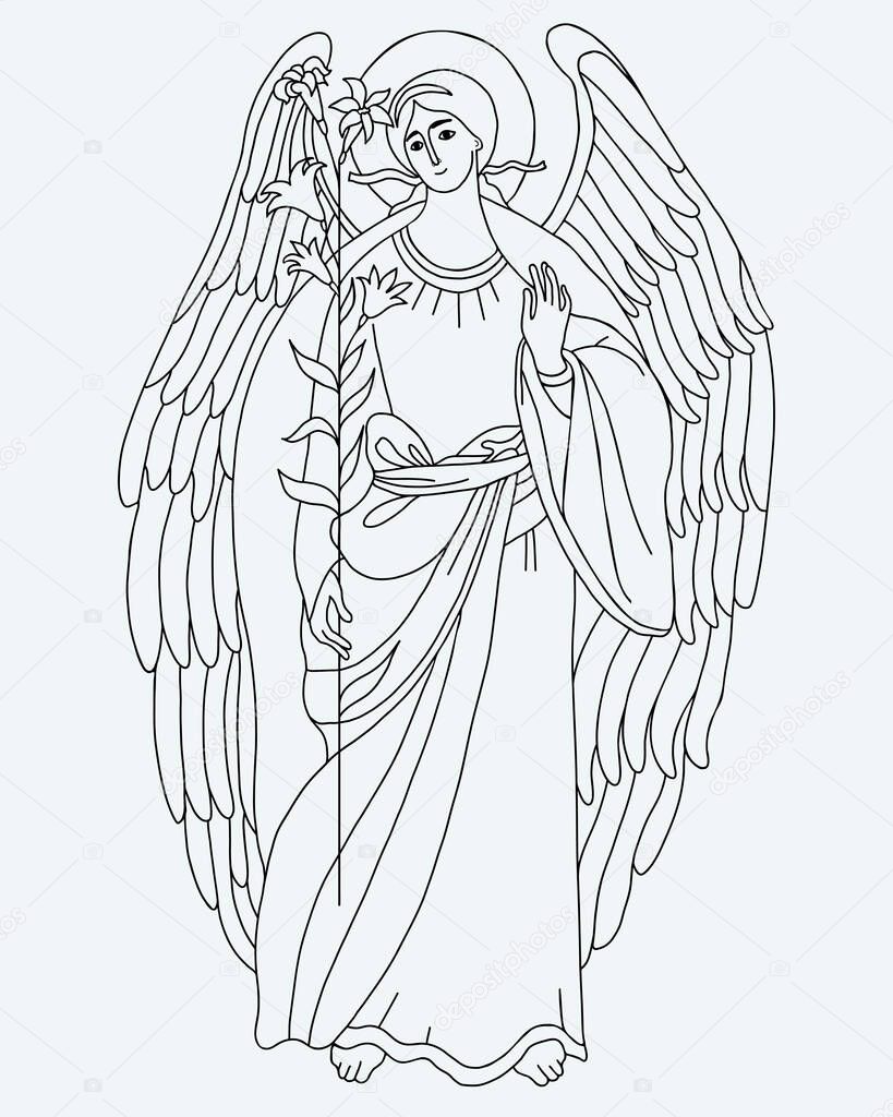 Archangel Gabriel with lily. Heavenly messenger. Vector illustration.Religious Linear Hand Drawing for Catholic and Orthodox Holidays Saint Archangel Gabriels Day Angel of Revelation and Annunciation