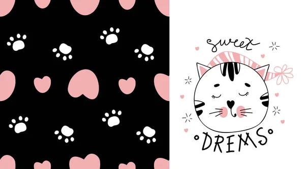 Mooie Set - kaart met schattige slapende kat en naadloos patroon met roze hartjes en kattenvoetafdrukken op zwarte achtergrond. Vector illustratie voor ontwerp en decor. — Stockvector