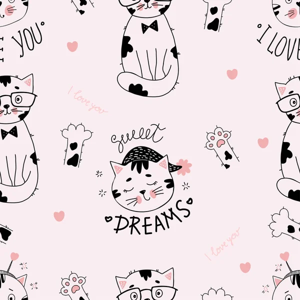 Seamless pattern. Cute animals cat in glasses and tie, sleeping in nightcap and kitten with hearts on light background with cat paws. Vector illustration in hand drawn linear doodle style