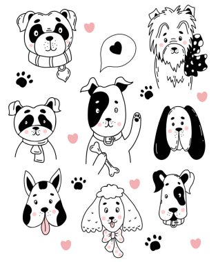 Evcil hayvan koleksiyonu. Farklı cinsten şirin köpeklerin portreleri. Boksör, süs köpeği, kaniş ve büyük Dan, kırma ve pinscher. Vektör çizimi. Karalama biçiminde izole çizgi çizimleri 