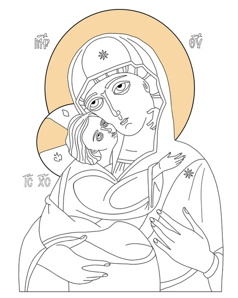 Icona ortodossa della Vergine di Vladimir Icona. Santa Madre, Dio Madre di Dio Regina del Cielo con Gesù Cristo Bambino. Eleusa, Disegno lineare a mano. icona illustrazione vettoriale Vergine Maria tenerezza. — Vettoriale Stock