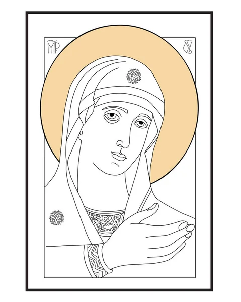 Ícone ortodoxo de Santa Maria Mãe de Deus Rainha do Céu. Virgem Maria Ouvindo Um. Ilustração vetorial linear para comunidades cristãs e católicas, design, decoração de feriados religiosos —  Vetores de Stock