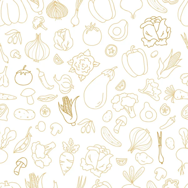 Modèle de légumes sans couture. Croquettes linéaires dessinées à la main de légumes et fruits, légumes racines et champignons, olives et avocats sur fond blanc. Illustration vectorielle pour la conception thématique, décor — Image vectorielle