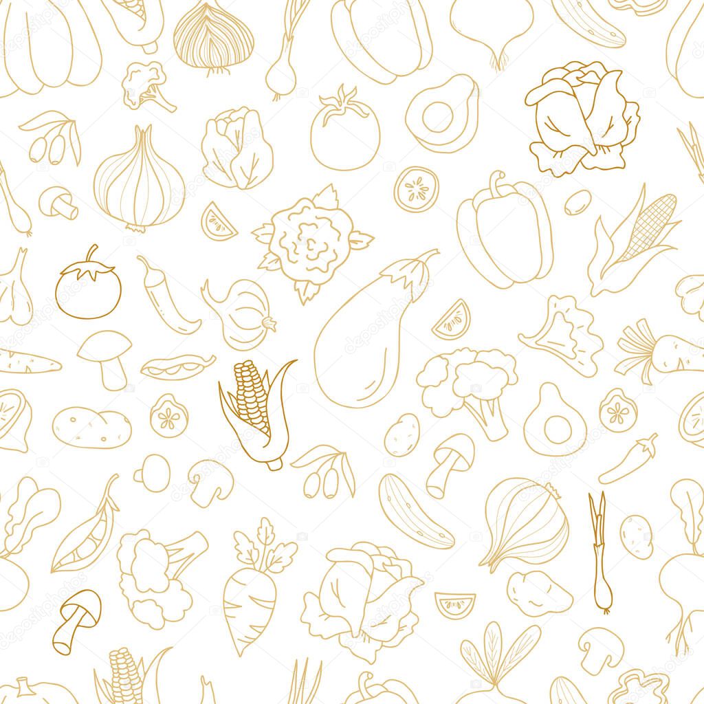 Seamless vegetable pattern. Linear hand drawn doodles of vegetables and fruits, root vegetables and mushrooms, olives and avocados on white background. Vector illustration for thematic design, decor
