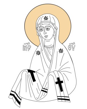 En Kutsal Theotokos 'un Şefaat Simgesi. Kutsal Meryem Ana 'nın Kutsal Meryem Ana' sı. Doğrusal el çizimi. Hıristiyan ve Katolik toplumlar için vektör illüstrasyonu