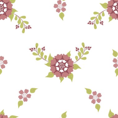 Çiçeksiz desen. Beyaz arka planda dalları, yaprakları ve meyveleri olan dekoratif bir çiçek. Vektör çizimi. Dekor, tasarım, baskı, ambalaj, duvar kağıdı ve tekstil için botanik desen