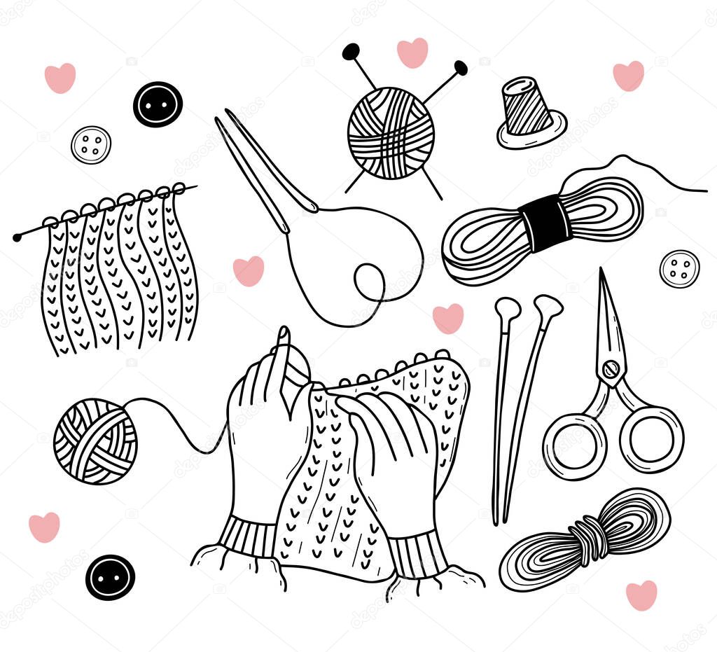 vector Knitting set. Skein of woolen yarn, hand knitting, scissors, knitting needles, knitted fabric, thimble. Hand drawn doodle elements isolated. For Handicraft and Hobby theme design