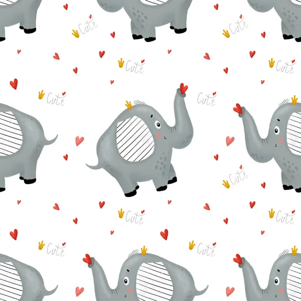 Seamless pattern. Cute elephant in love with crown on white background with hearts. Raster digital drawing. Illustration for kids collection of decor and design, wallpapers, textiles and packaging 