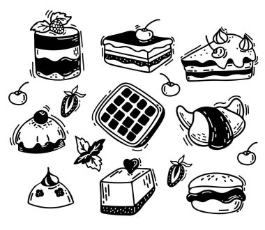 Şekerleme ve şekerleme dekoratifi. Waffle ve kruvasan, tatlı ve çikolatalı kek, kek ve tatlı. Vektör çizimi. Menü dekorasyonu ve tasarımı için izole edilmiş doğrusal el çizimleri