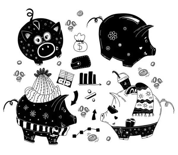收集各种可爱的猪存钱罐 硬币和钱 图表和箭头 一组手工涂鸦风格的矢量插图 财务设计和装修的装饰隔离要素 — 图库矢量图片