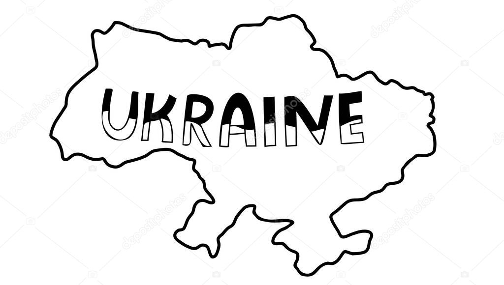 Word Ukraine. Map of Ukraine and coat of arms of country trident. Vector illustration. Hand drawn linear doodle. For design and decoration of Ukrainian theme
