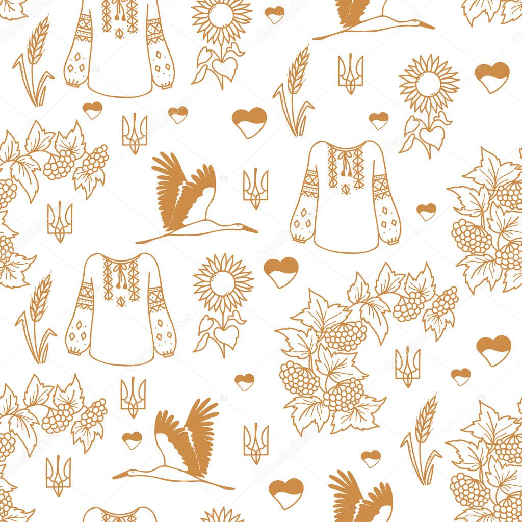 Ukrainian seamless pattern. outline linear Ukrainian symbols on white background - stork, viburnum bush and sunflower, spikelet and heart. Vector illustration in hand drawn doodle style