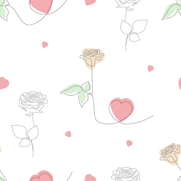 Virágos, zökkenőmentes minta. Gyönyörű rózsa egy vonal szív fehér háttér. Vektor illusztráció. Botanikai minta vonal művészet dekoráció, design, nyomtatás, csomagolás, tapéta és textil. — Stock Vector