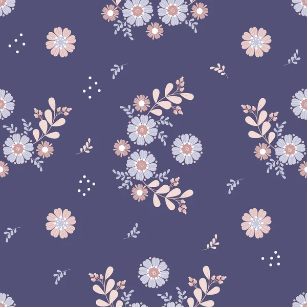 Motif floral sans couture. Délicates fleurs pastel belles sur fond bleu foncé. Illustration vectorielle. Motif botanique pour décor, design, impression, emballage, papier peint et textile. — Image vectorielle