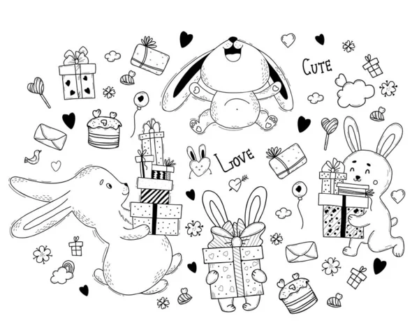 Cute rabbit character set with gifts, boxes, sweets and cakes, sweets and flowers. Vector illustration. Isolated elements in style of hand drawn linear doodles for design, decor, greeting cards — Stock Vector