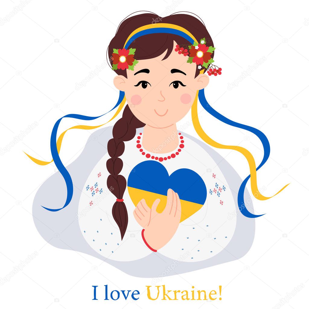 Cute Ukrainian girl in traditional clothes and with floral wreath with ribbons. In hands of yellow-blue heart. color of Ukrainian flag. Text in English I love Ukraine. Vector illustration