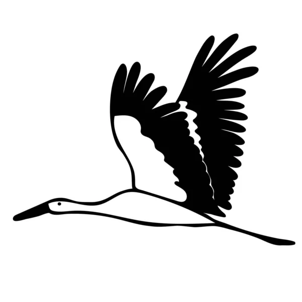Uccello Cicogna Volante Illustrazione Vettoriale Disegnato Mano Lineare Stile Doodle — Vettoriale Stock