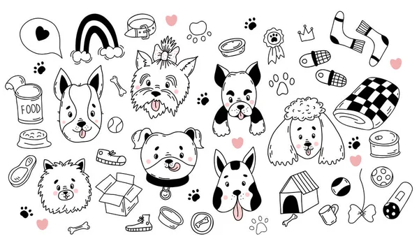 Big Collection Pets Cute Dog Characters Different Breeds Toys Paw — Stock Vector