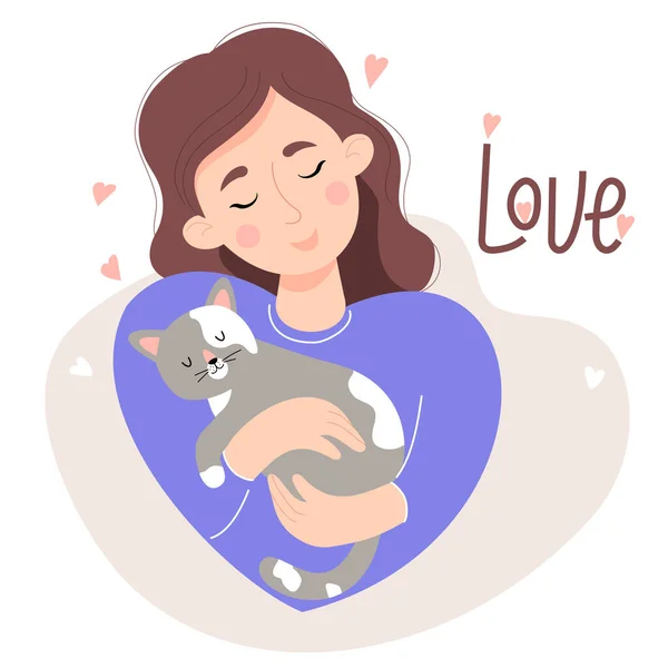 Милая Девушка Любит Спящую Кошку Векторная Иллюстрация Понятие Любви Домашним — стоковый вектор