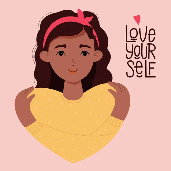 Postkarte Liebe Dich Selbst Schöne Dunkelhäutige Mädchen Umarmt Sich Selbst — Stockvektor