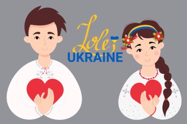 Ulusal nakışlı giysiler içinde iki genç Ukraynalı. Uzun örgülü, çiçekli, sarı ve mavi kurdeleli ve kırmızı kalpli Ukraynalı bir kız. Vektör illüstrasyonu