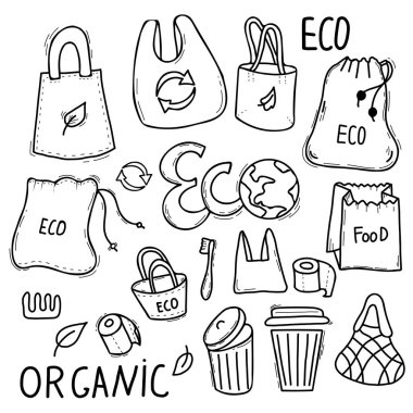 Ecology concept. No plastic, organic, eco friendly approach, trash cans and planet earth, paper and eco bags. Set of linear icons style vector illustration doodle drawing isolated on white background clipart