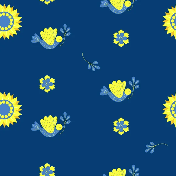 Ukrainian Yellow Blue Decorative Seamless Pattern Dove Branch Sunflower Blue — Stock Vector