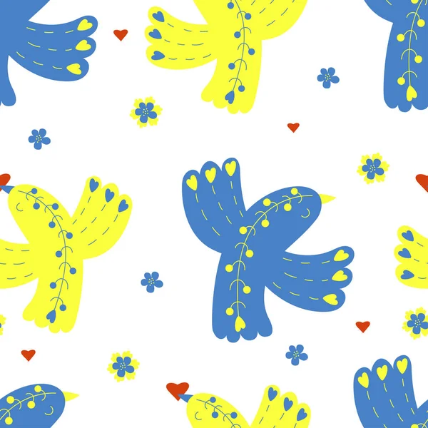 Padrão Sem Costura Decorativo Ucraniano Pássaros Amarelo Azuis Com Coração — Vetor de Stock