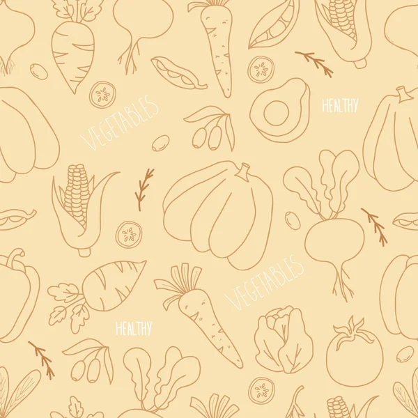 Nahtloser Hintergrund mit Gemüse. Lineare Handzeichnungen Kürbis, Rüben, Kohl und Karotten, Avocados und Oliven, Mais und Erbsen auf hellgelbem Hintergrund. Vektorillustration — Stockvektor