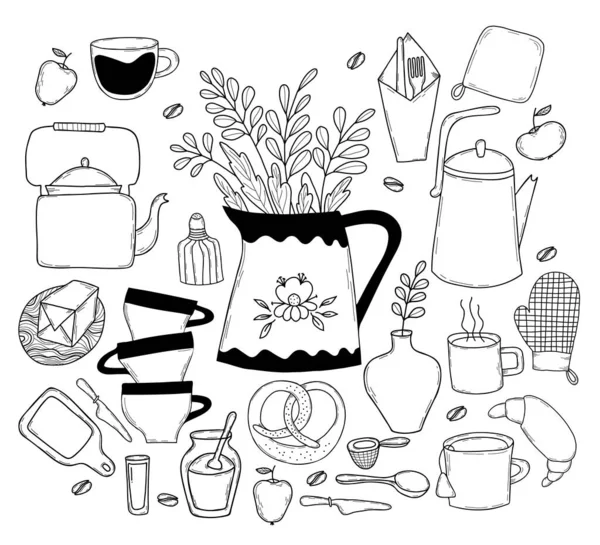 一套厨房工具涂鸦 厨房用具 刀叉和厨房板 茶壶和茶杯 滚筒和黄油 厨房用具花瓶和盆栽 孤立的矢量说明 — 图库矢量图片