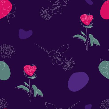Çiçeksiz desen. Gül 'ün doğrusal çiçek dalı ve koyu mor arka planda parlak noktaları var. Vektör çizimi. Dekor, tasarım, baskı, ambalaj, duvar kağıdı ve tekstil için botanik çizimi