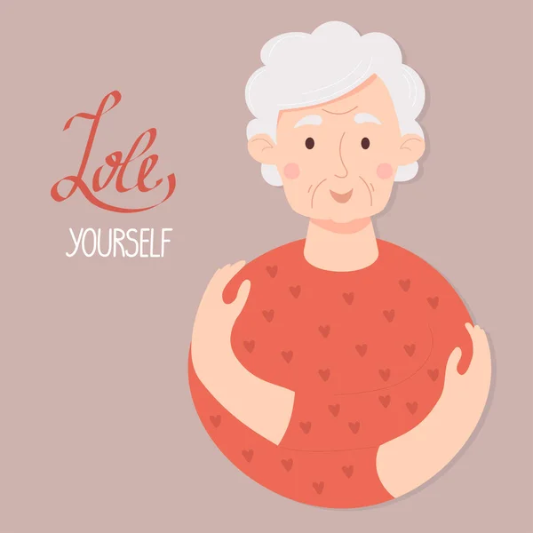 Cartolina Ama Stesso Donna Anziana Felice Che Abbraccia Concetto Amate — Vettoriale Stock