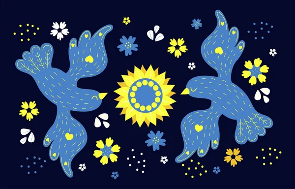 Cartaz ucraniano com pássaros amarelos e azuis com girassol e flores em fundo azul escuro. Ilustração vetorial. cor da bandeira ucraniana. Cartão decorativo para decoração, design, impressão. — Vetor de Stock