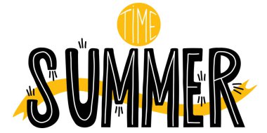 Yaz zamanı. Sarı kurdeleli dekoratif siyah bir slogan. Vektör çizimi. Tasarım, dekor, kartpostallar ve baskı için..