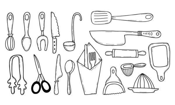 Konyha ikon készlet. Vonalak konyhai főzőeszközök és készülékek, konyhai eszközök, kanál, kések és ollók, szolgáló tételek. Vektor illusztráció kézimunka stílusban. a tematikus tervezés elszigetelt elemei — Stock Vector