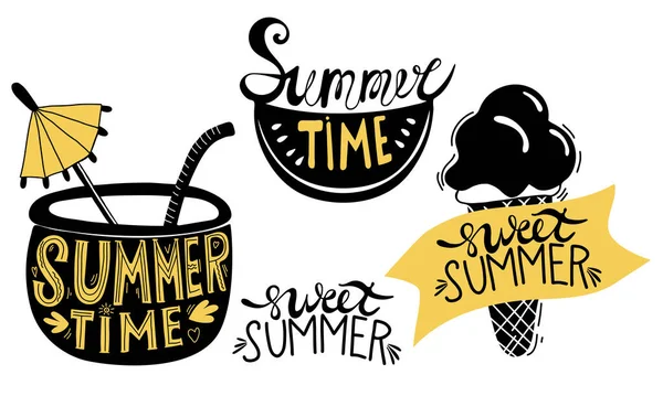 Zomertijd en zoete zomer. Verzameling van vector zomerdecor. Cocktail, plak watermeloen en belettering ijs. Geïsoleerde handtekeningen en belettering voor het zomerdesign — Stockvector