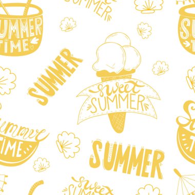 Kusursuz yaz şablonu. Bir dilim karpuz, kokteyl ve dondurmayla birlikte beyaz arka planda tatlı yaz ve yaz zamanı deniz kabukları. Tasarım, dekor için vektör illüstrasyonu