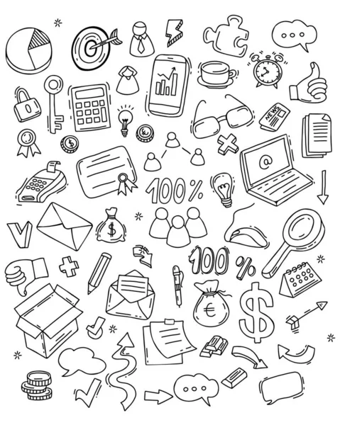 Grote vectorset van zakelijke iconen. Geïsoleerde lineaire handgetekende doodles van financiën en kantoorwerk, geld en technologie. Vectorillustratie. — Stockvector