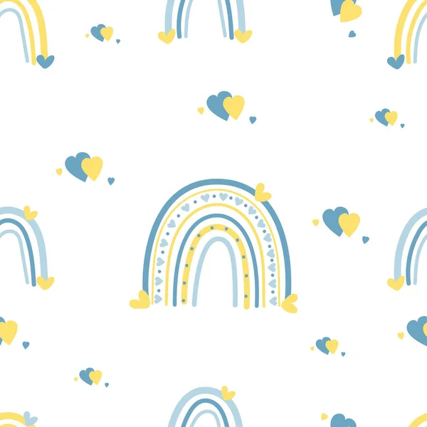 Seamless pattern with yellow-blue rainbow and hearts on white background. Vector illustration. Colors of Ukrainian flag. For design, decoration, packaging and decoration. — Archivo Imágenes Vectoriales