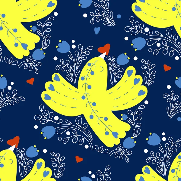 Padrão sem costura decorativo com pássaro amarelo-azul com coração no fundo azul com uma decoração openwork. Ilustração vetorial em cores de bandeira ucraniana para decoração nacional, design, papel de parede — Vetor de Stock