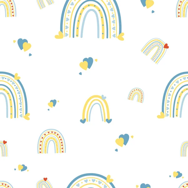 Seamless Pattern Yellow Blue Rainbow White Background Hearts Vector Illustration — Archivo Imágenes Vectoriales